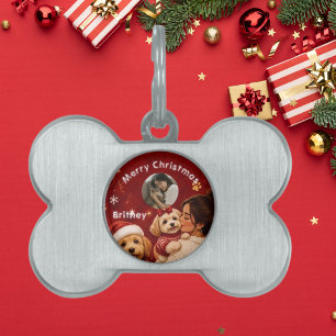 Cute Red Crimson Merry Christmas Dog Name Photo Pet ID Tag