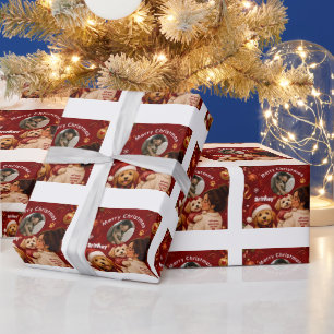Cute Red Crimson Merry Christmas Dog Name Photo Wrapping Paper