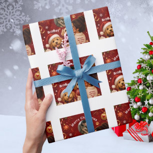Cute Red Crimson Merry Christmas Dog Name Photo Wrapping Paper