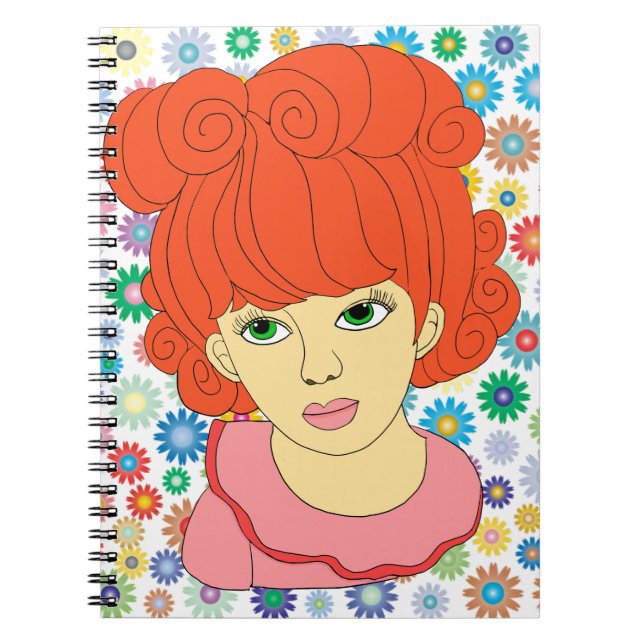 Cute Red Curly Hair Little Girl flowers art Notebook (Front)
