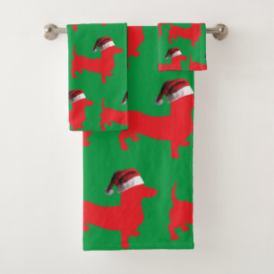 Cute Red Dachchund Wearing a Santa Claus Hat Bath Towel Set