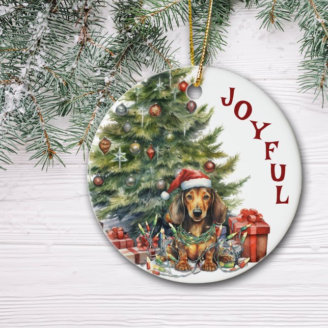 Cute Red Dachshund Dog Wrapped in Christmas Lights Ceramic Tree Decoration (Creator Uploaded)
