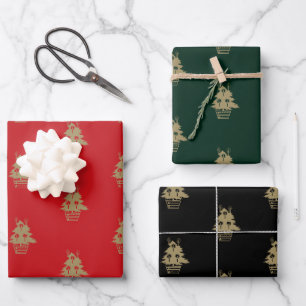 Cute red dark green black gold Christmas trees Wrapping Paper Sheet