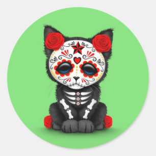 Cute Red Day of the Dead Kitten Cat, green Classic Round Sticker