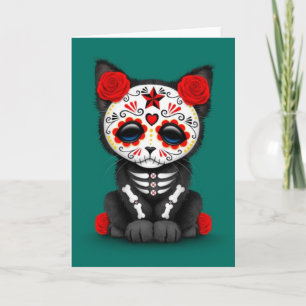 Cute Red Day of the Dead Kitten Cat, teal blue Card