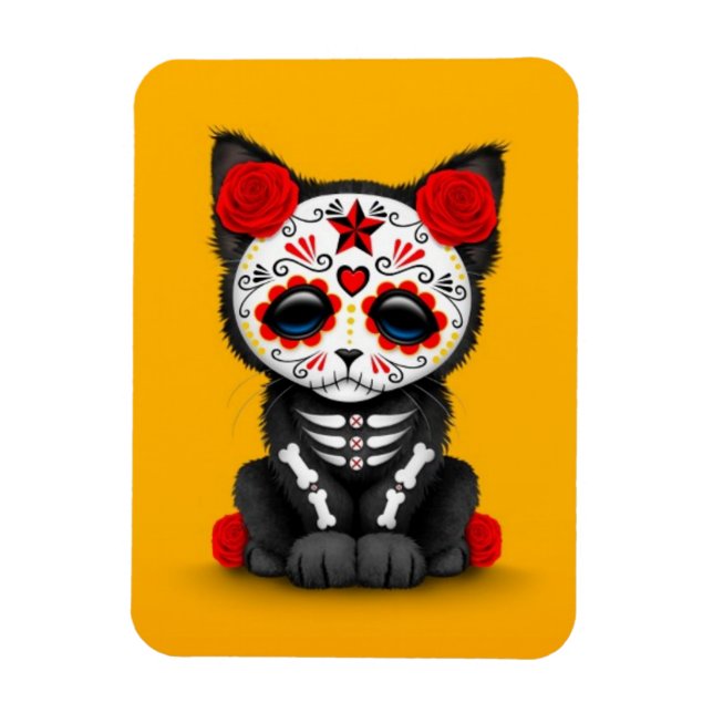 Cute Red Day of the Dead Kitten Cat, yellow Magnet (Vertical)
