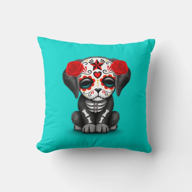 Cute Red Day of the Dead Puppy Dog Blue Cushion (Front)