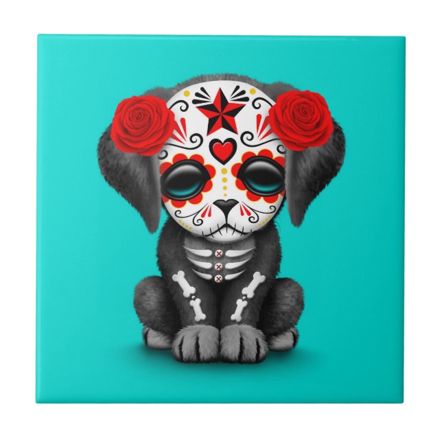 Cute Red Day of the Dead Puppy Dog Blue Tile (Front)