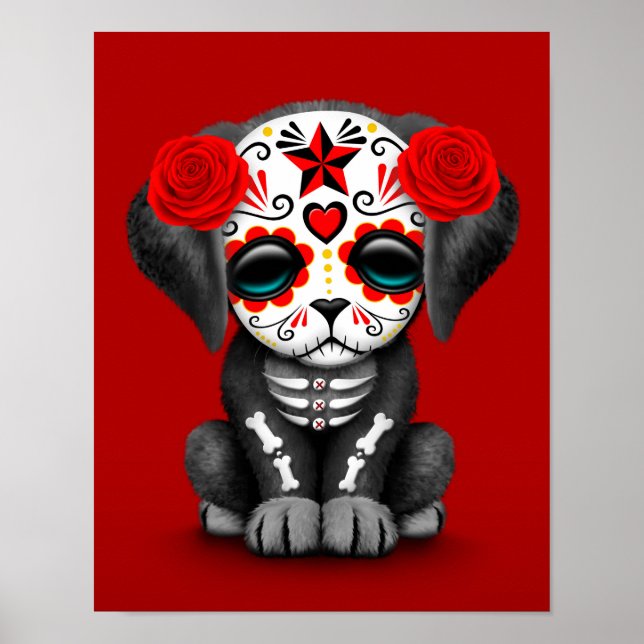 Cute Red Day of the Dead Puppy Dog Poster (Front)