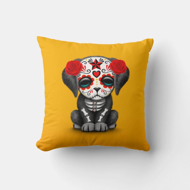 Cute Red Day of the Dead Puppy Dog Yellow Cushion (Front)