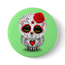 Cute Red Day of the Dead Sugar Skull Owl Green