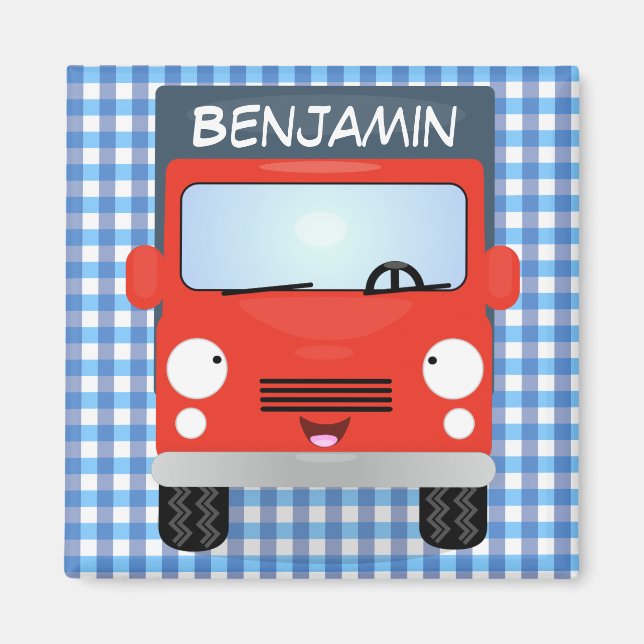 Cute red delivery truck cartoon illustration magnet (Front)
