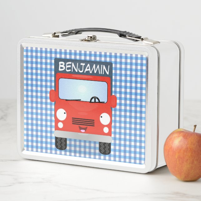 Cute red delivery truck cartoon illustration metal lunch box (In Situ)