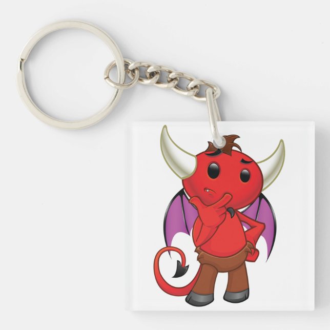 Cute Red Devil Character Thinking Mischievous Key Ring (Front)