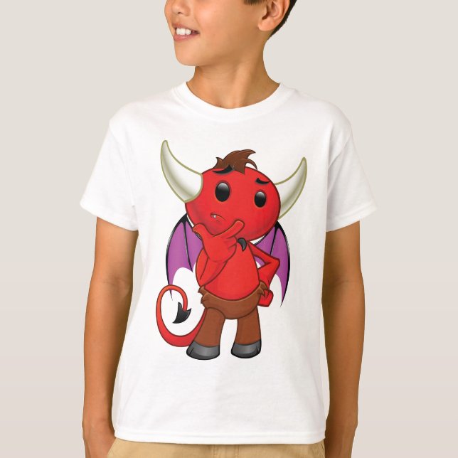 Cute Red Devil Character Thinking Mischievous T-Shirt (Front)