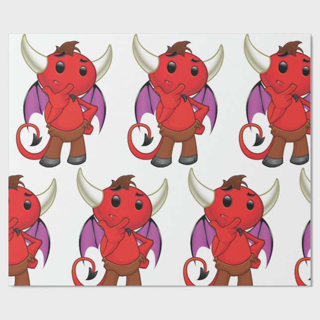 Cute Red Devil Character Thinking Mischievous Wrapping Paper (Flat)