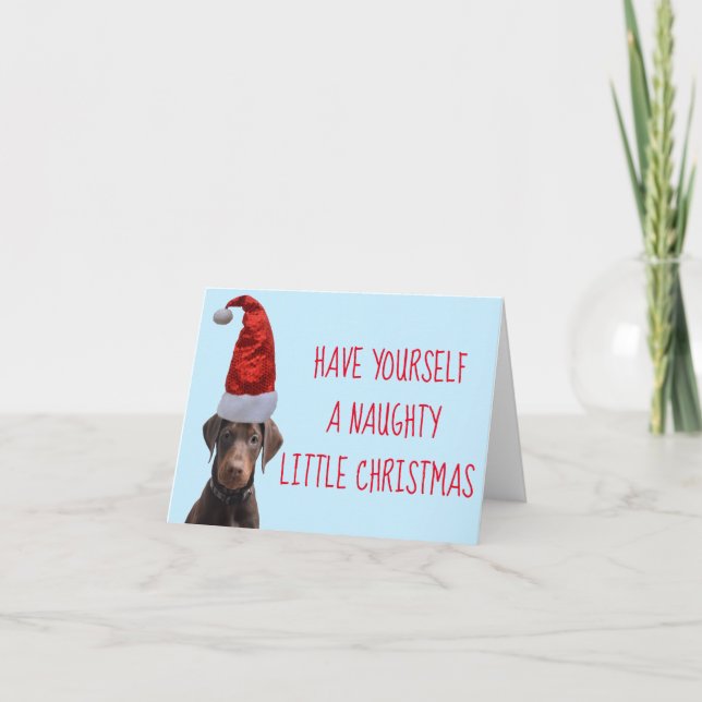 Cute red Doberman puppy with Santa hat Christmas Thank You Card (Front)