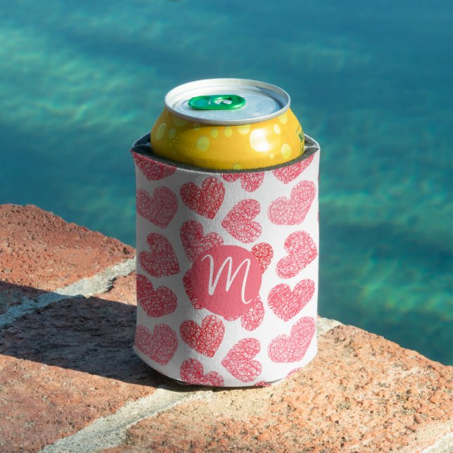 Cute Red Doodled Heart Valentine's Day Monogram Can Cooler (In Situ Pool)
