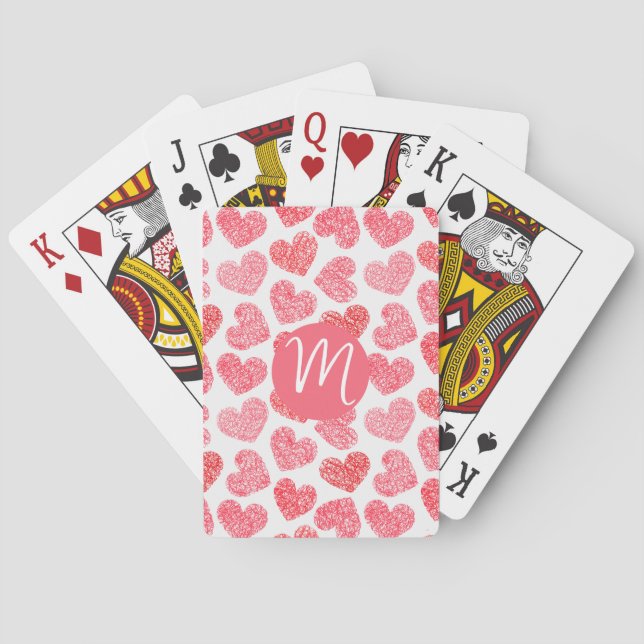 Cute Red Doodled Heart Valentine's Day Monogram Playing Cards (Back)