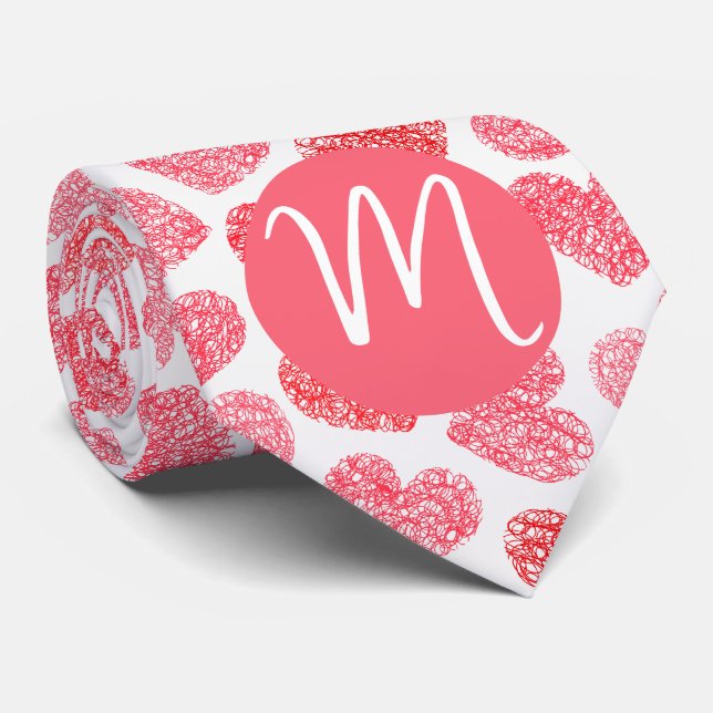 Cute Red Doodled Heart Valentine's Day Monogram Tie (Rolled)