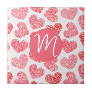 Cute Red Doodled Heart Valentine's Day Monogram Tile
