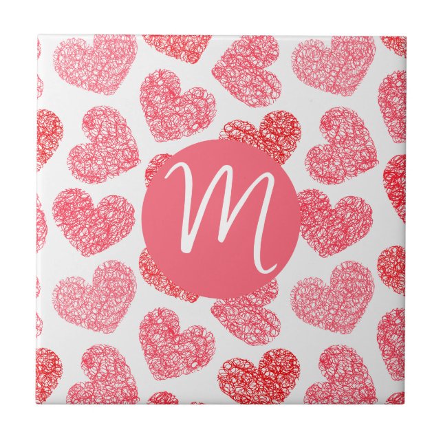 Cute Red Doodled Heart Valentine's Day Monogram Tile (Front)