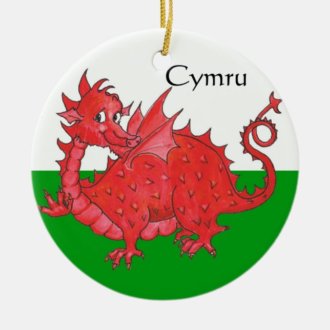 Cute Red Dragon, Green and White Ceramic Ornament (Front)