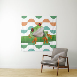 Cute Red Eyed Tree Frog Colourful Geometric Tapestry