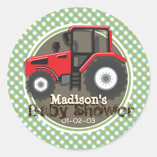 Cute Red Farm Tractor; Green Plaid Baby Shower Classic Round Sticker (Front)