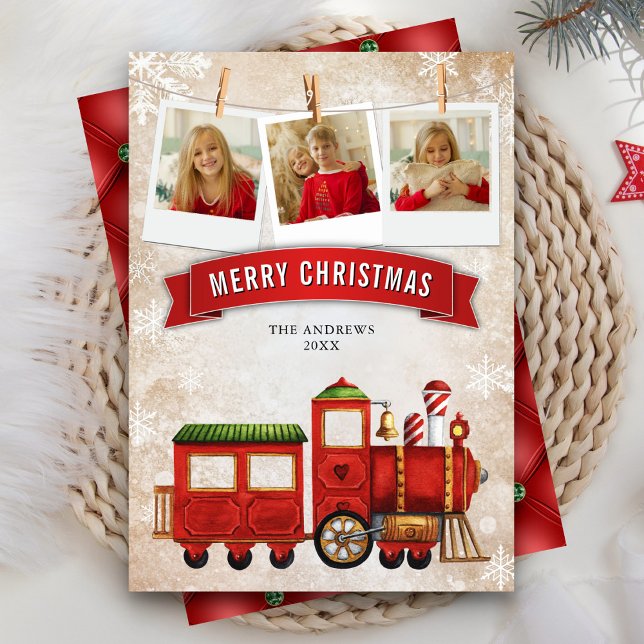 Cute Red Festive Train Locomotive Photo Christmas Holiday Card (Creator Uploaded)