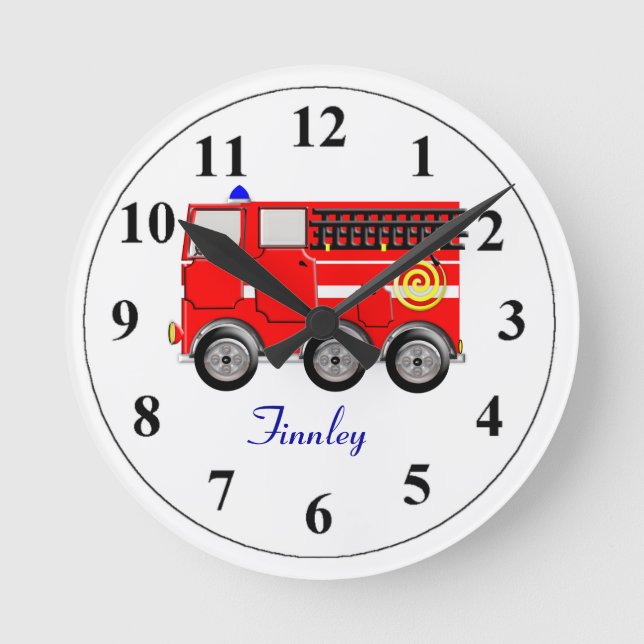 Cute Red Fire Engine Personalised Boys Room Clock (Front)