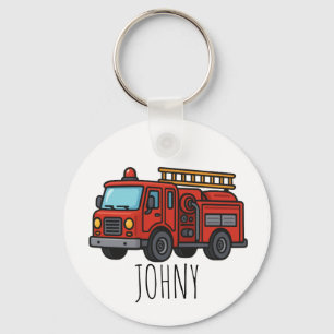 Cute Red Fire Truck Firefighter Kids name Key Ring