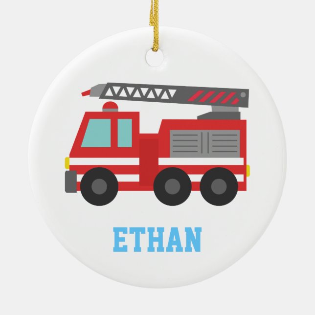 Cute Red Fire Truck for Boys, Name Ceramic Tree Decoration (Back)