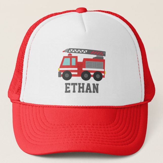 Cute Red Fire Truck for Boys, Name Trucker Hat (Front)