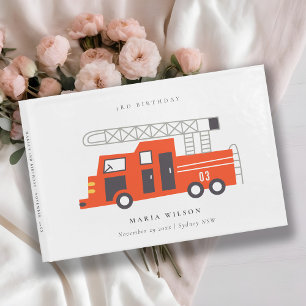 Cute Red Firetruck Engine Kids Any Age Birthday  Guest Book