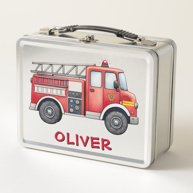 Cute Red Firetruck Metal Lunch Box (Front)
