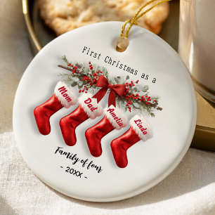 Cute Red First Christmas Family Of Four Ceramic Tree Decoration
