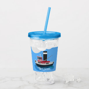 Cute red fishing trawler boat cartoon illustration acrylic tumbler