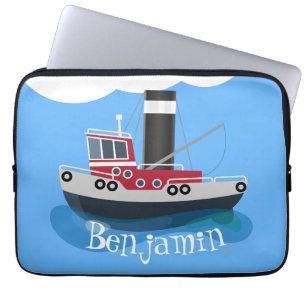 Cute red fishing trawler boat cartoon illustration laptop sleeve