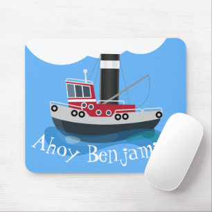 Cute red fishing trawler boat cartoon illustration mouse pad
