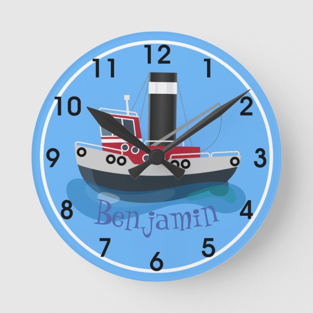 Cute red fishing trawler boat cartoon illustration round clock (Front)