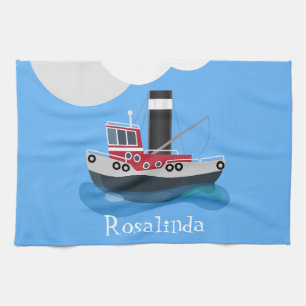 Cute red fishing trawler boat cartoon illustration tea towel