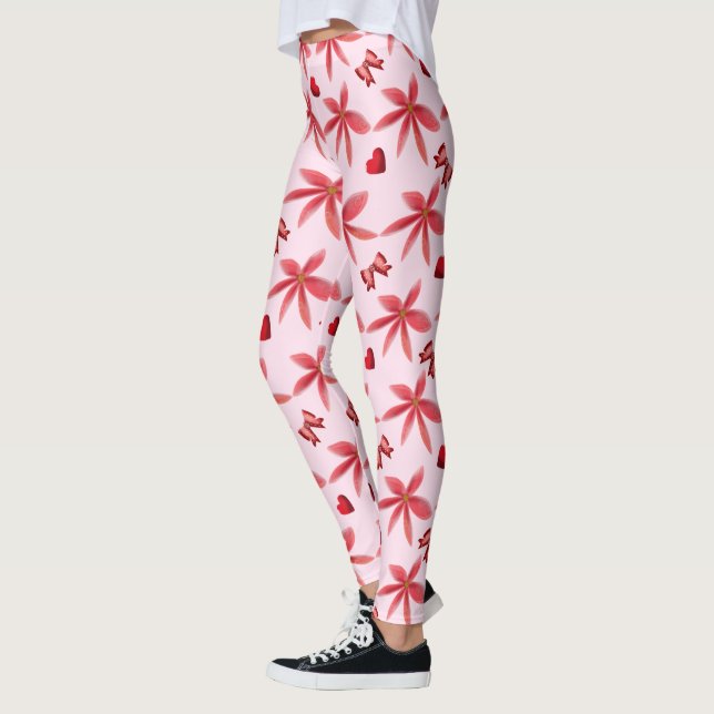 Cute Red Floral Heart Pattern Seamless Girly  Leggings (Left)