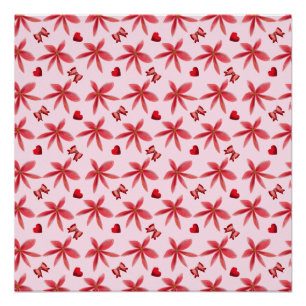 Cute Red Floral Heart Pattern Seamless Girly  Poster