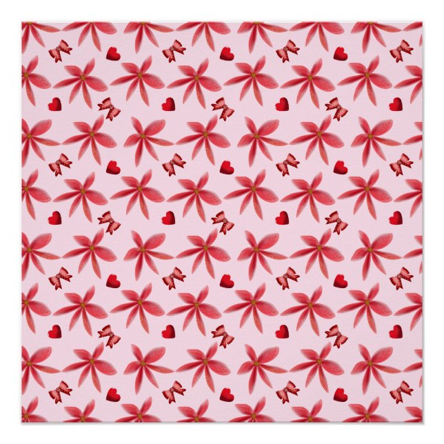 Cute Red Floral Heart Pattern Seamless Girly  Poster (Front)