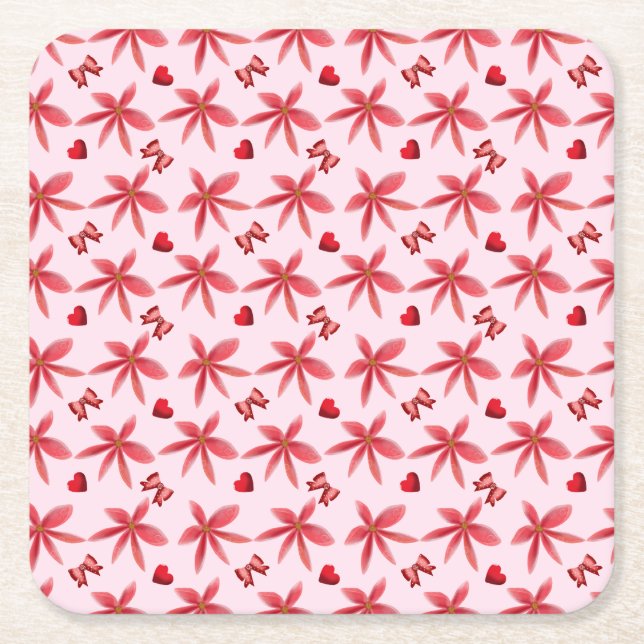 Cute Red Floral Heart Pattern Seamless Girly  Square Paper Coaster (Front)