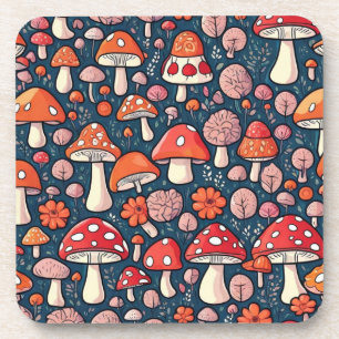 Cute red floral mushrooms in green decor coaster
