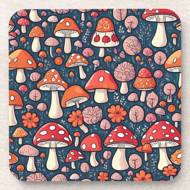 Cute red floral mushrooms in green decor coaster (Front)