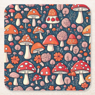 Cute red floral mushrooms in green decor square paper coaster