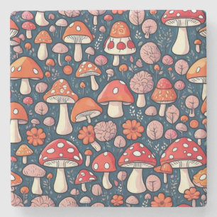 Cute red floral mushrooms in green decor stone coaster